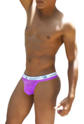 Purple icker sea brazilian tanga thong underwear with white elastic waistband and repeating logo text
