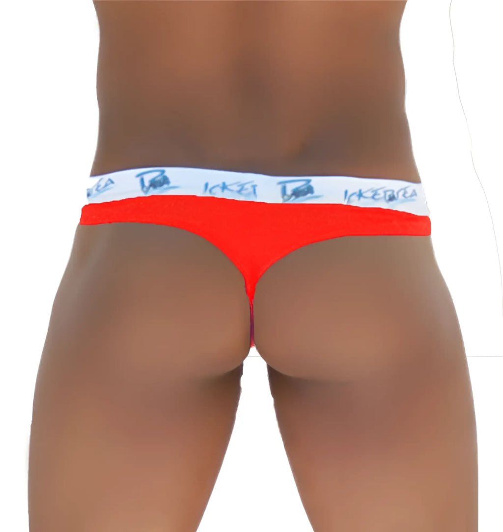 Bright red Icker Sea Brazilian Tanga thong underwear with white waistband and blue IKEA branding visible on the back side