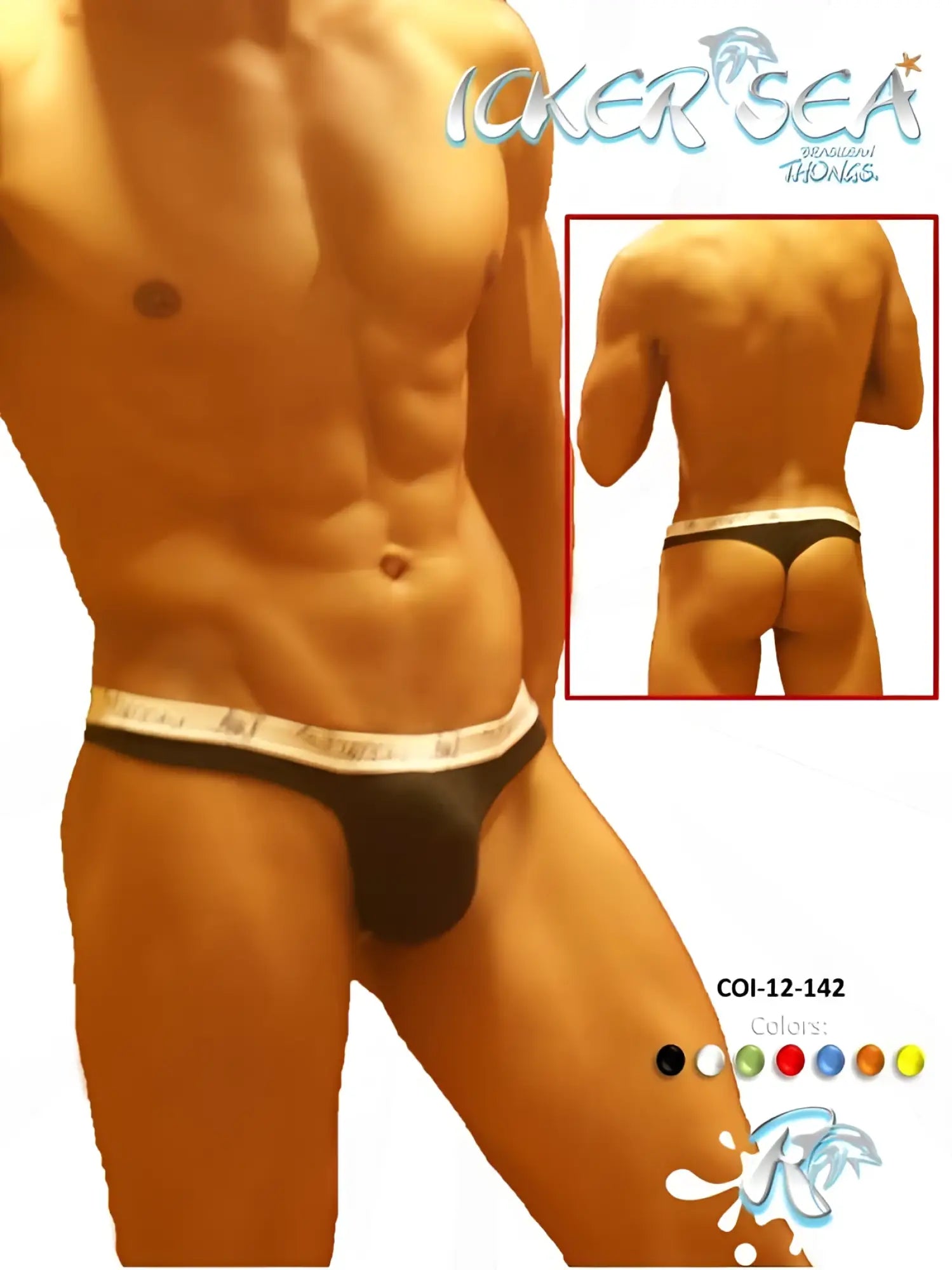 Black Brazilian thong underwear with white elastic waistband featuring Icker Sea logo in COI-12-142 design