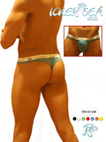 Teal and beige patterned icker sea brazilian thong underwear with brand logo waistband in blue COI-12-136 design