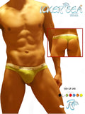 Bright yellow icker sea brazilian thong underwear with white elastic waistband and black brand lettering