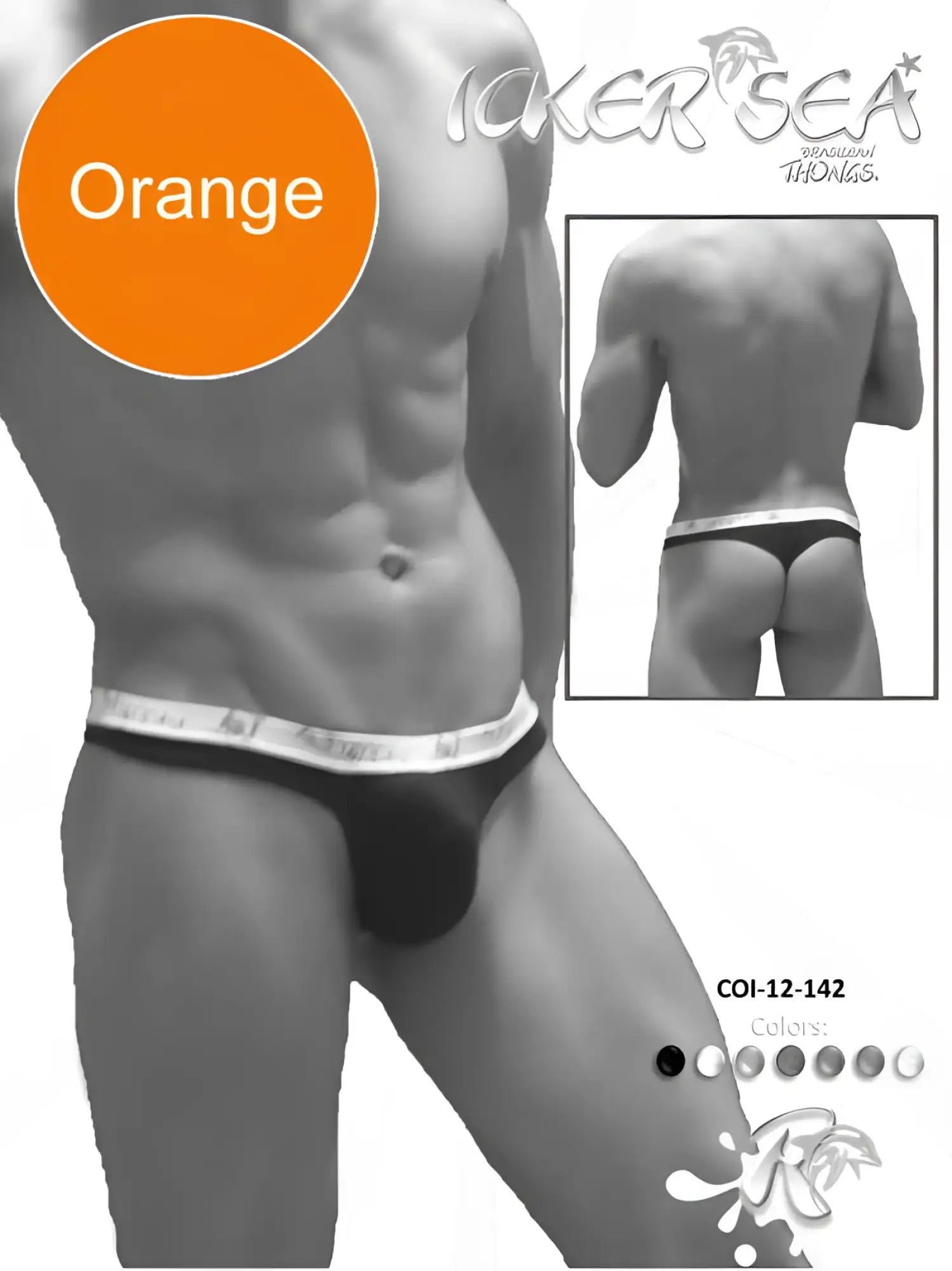 Orange Icker Sea brazilian thong underwear with white elastic waistband featuring the brand name