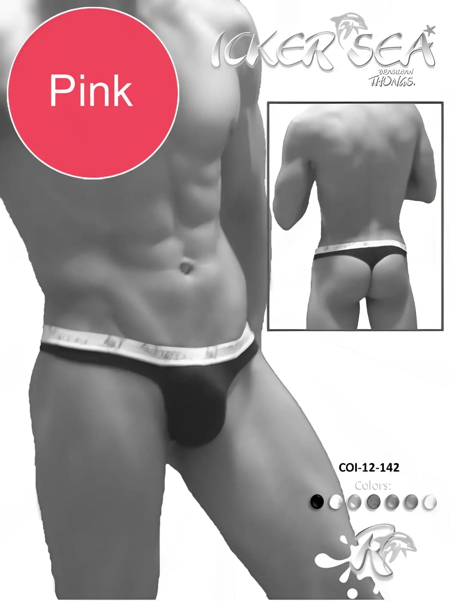 Icker Sea pink mens briefs with white elastic waistband featuring black brand name icker sea lettering