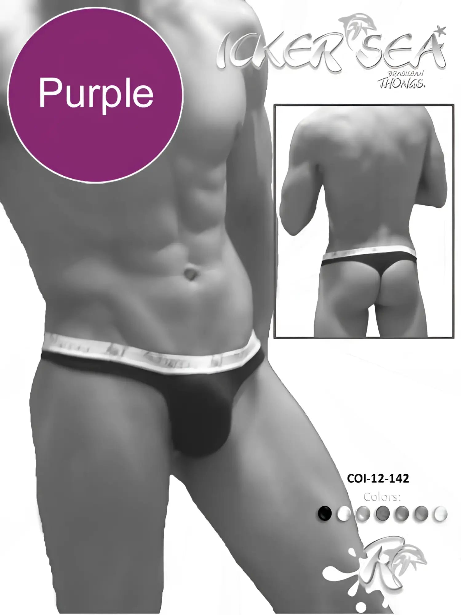 Purple icker sea Brazilian thong underwear with a white elastic waistband featuring silver brand lettering