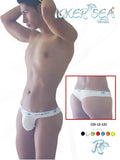 Icker Sea white brazilian thong underwear with lace trim and light blue branding on the waistband