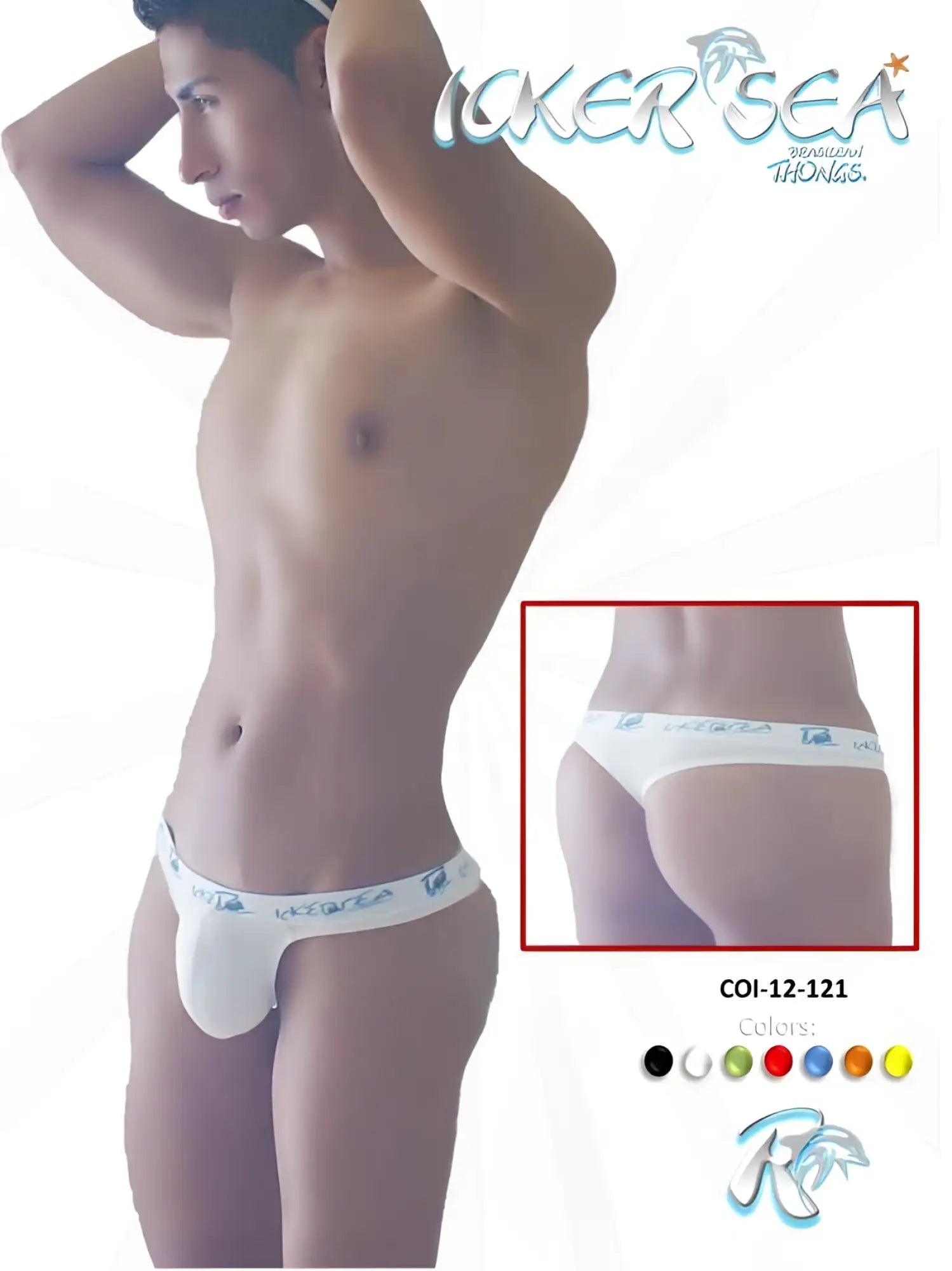 Icker Sea white brazilian thong underwear with lace trim and light blue branding on the waistband