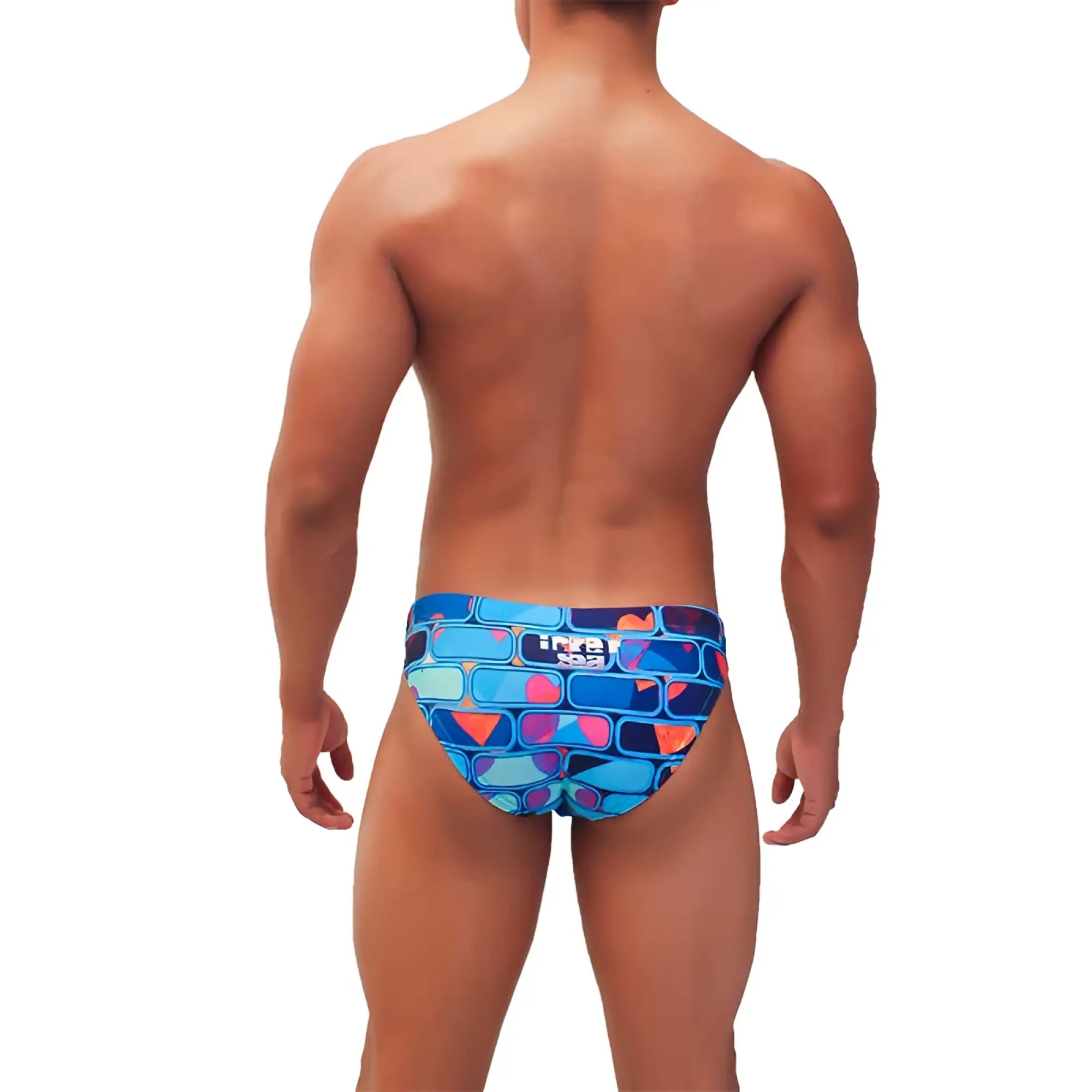 Blue and pink geometric-patterned men’s swim trunks with a brick-like design from Icker Sea bricks bikini swimwear
