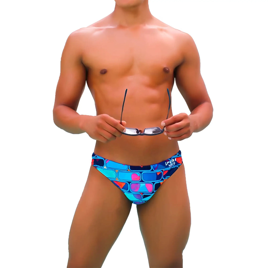 Vibrant blue and pink geometric-patterned icker sea bricks bikini swimwear trunks with modern bold design