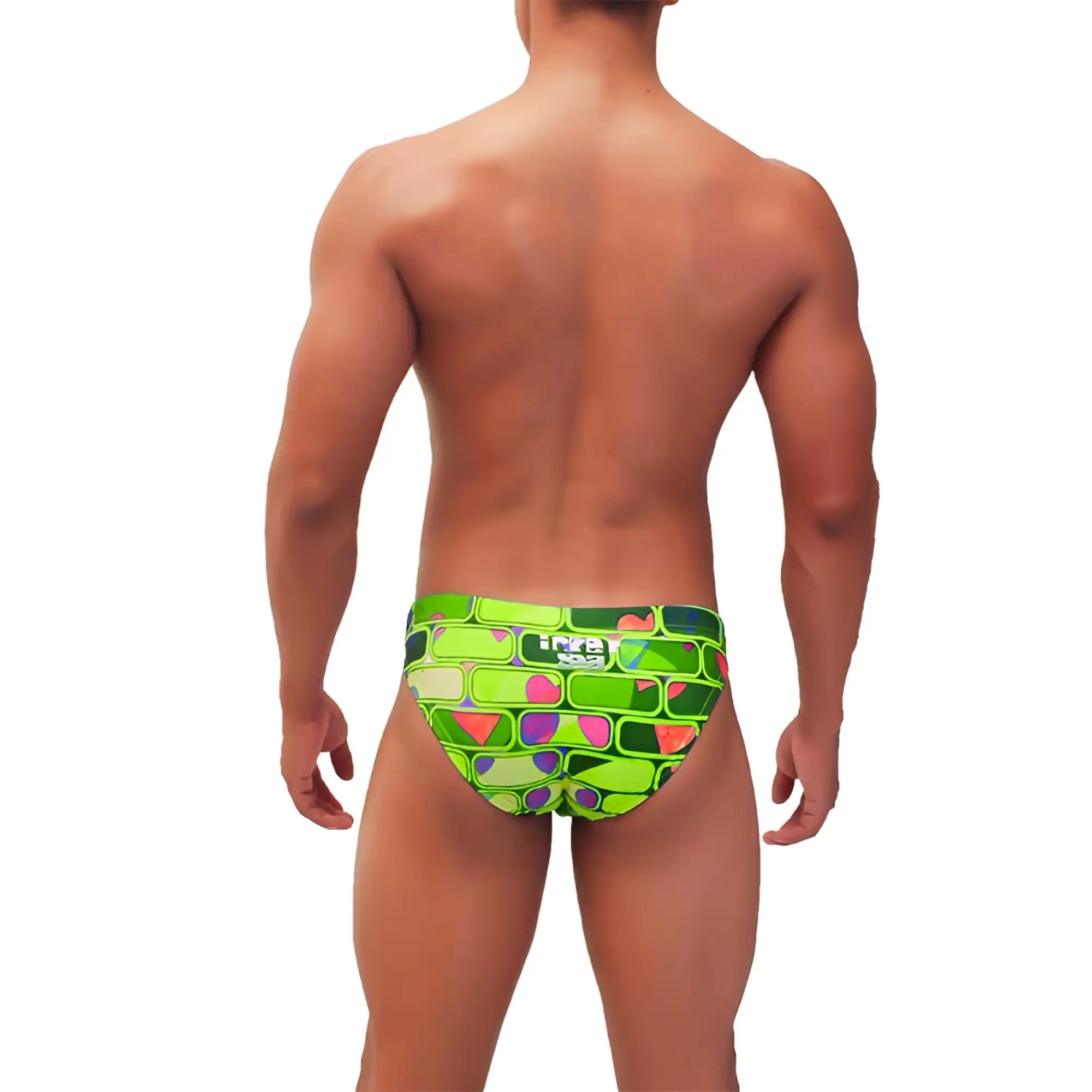 Vibrant lime green icker sea bricks bikini swimwear trunks with bold pink purple and teal geometric pattern