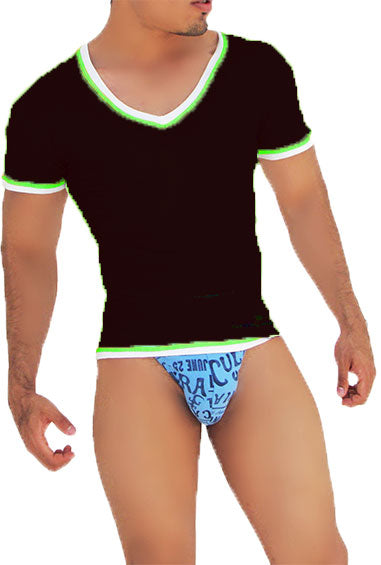 Icker Sea Contrast Trim V Neck Short Sleeved T Shirt Black/Green CA-16-36