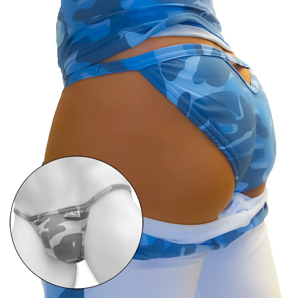 Back view of icker sea deep blue camouflage micro slip tanga bikini underwear with gray and white accents