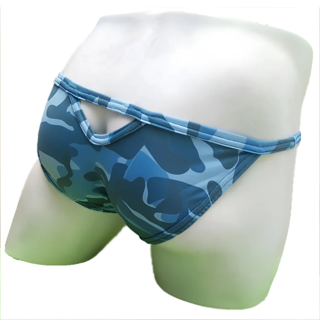 Blue camouflage men’s briefs with cutout design and light blue trim from Icker Sea micro slip tanga bikini underwear