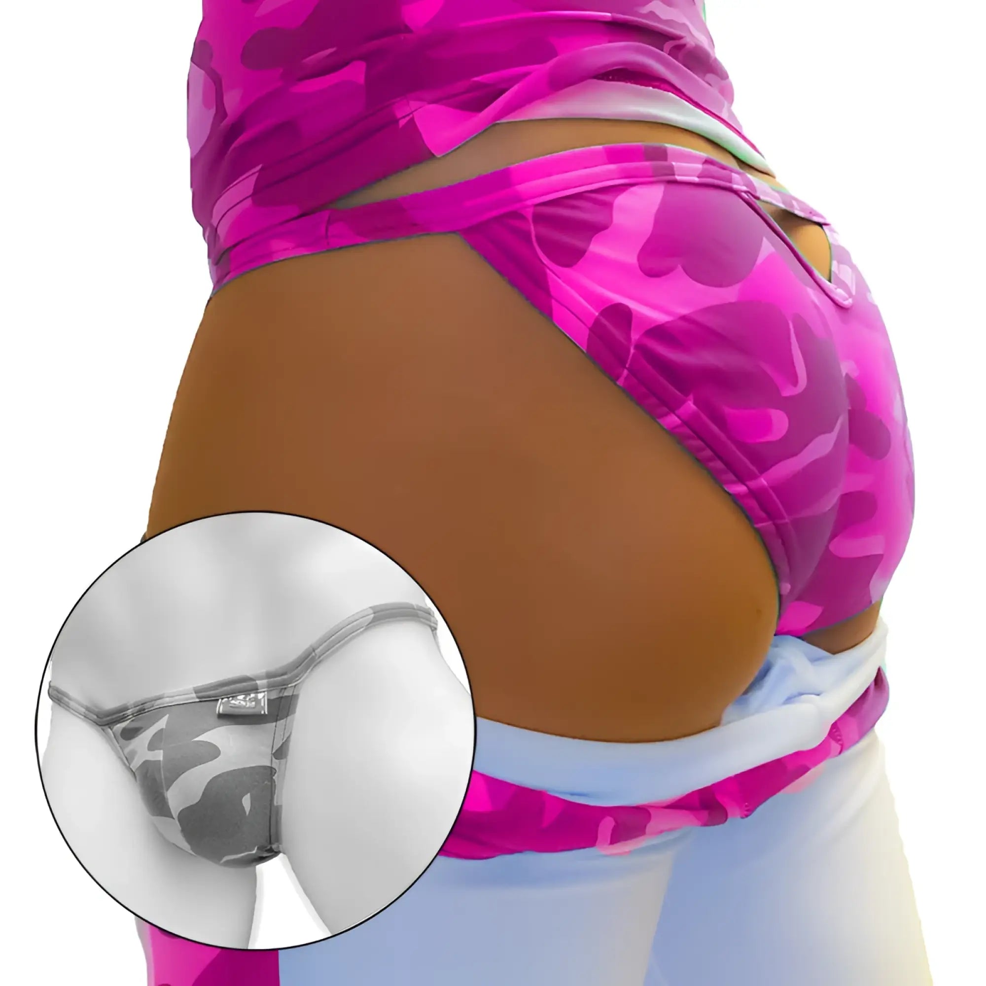 Icker Sea camouflage back cut out micro slip tanga bikini underwear in pink camouflage with silver metal clasp and trim
