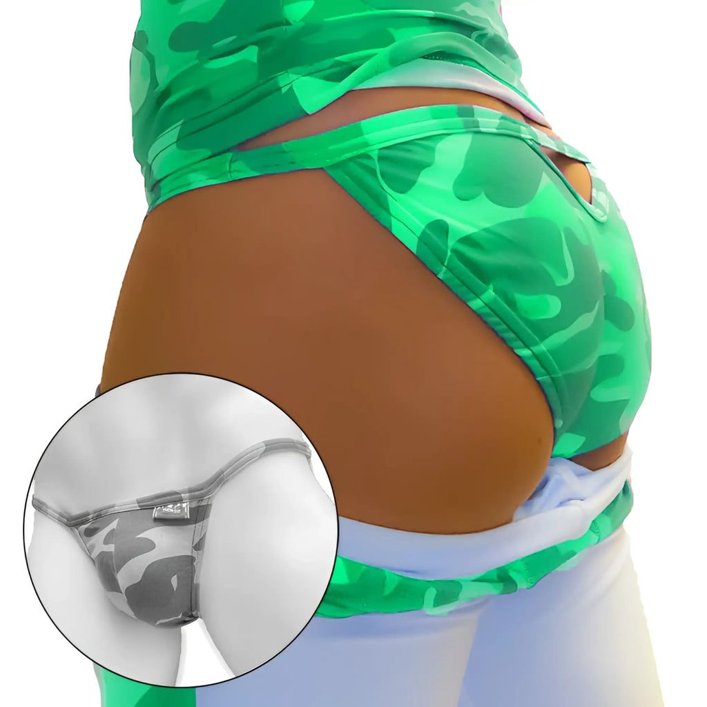 Green camouflage patterned thong with gray and white camo inset close-up from icker sea micro slip tanga underwear