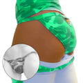 Green camouflage patterned thong with gray and white camo inset close-up from icker sea micro slip tanga underwear