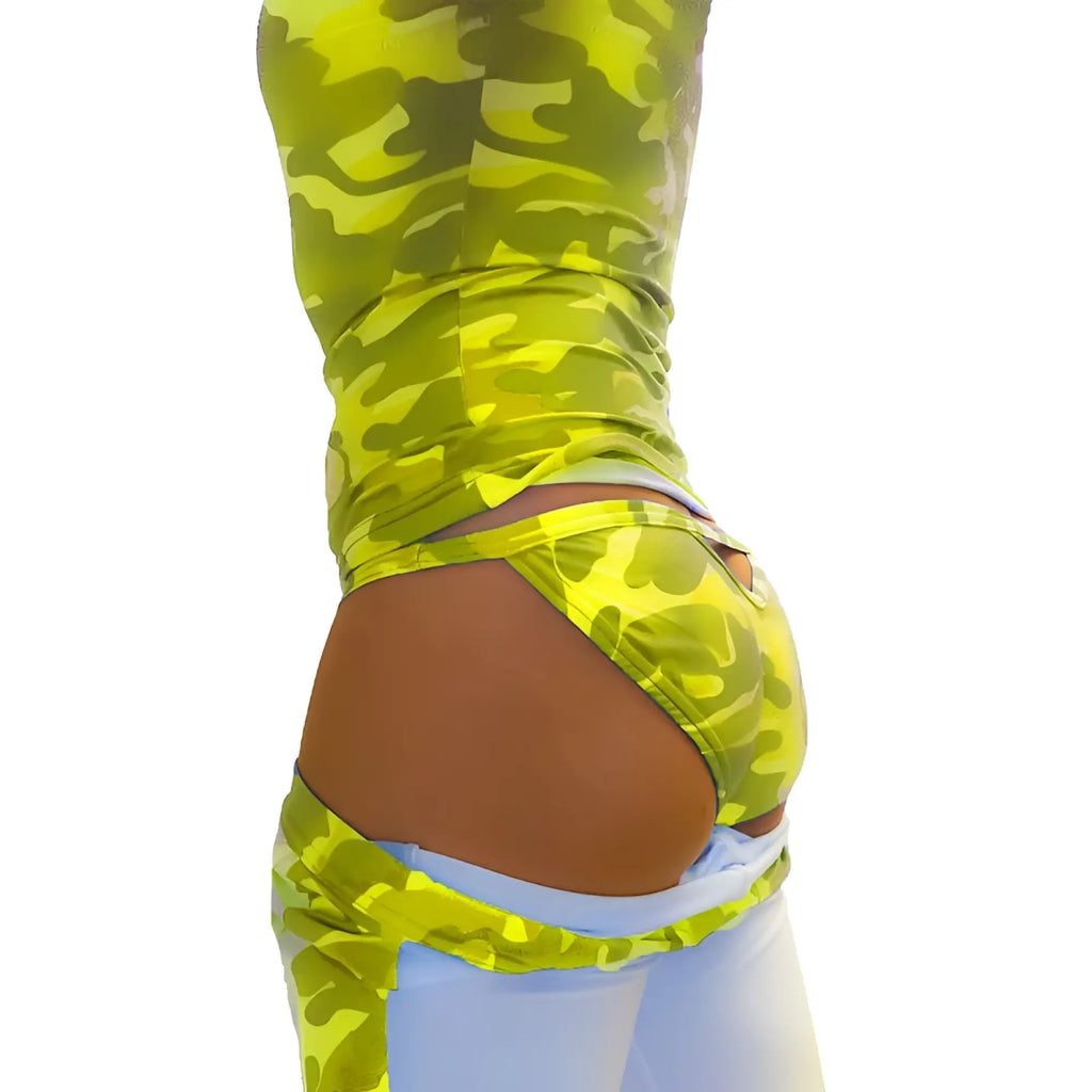 A vibrant lime green and dark olive camouflage micro slip tanga bikini underwear back side with cutout design from icker sea