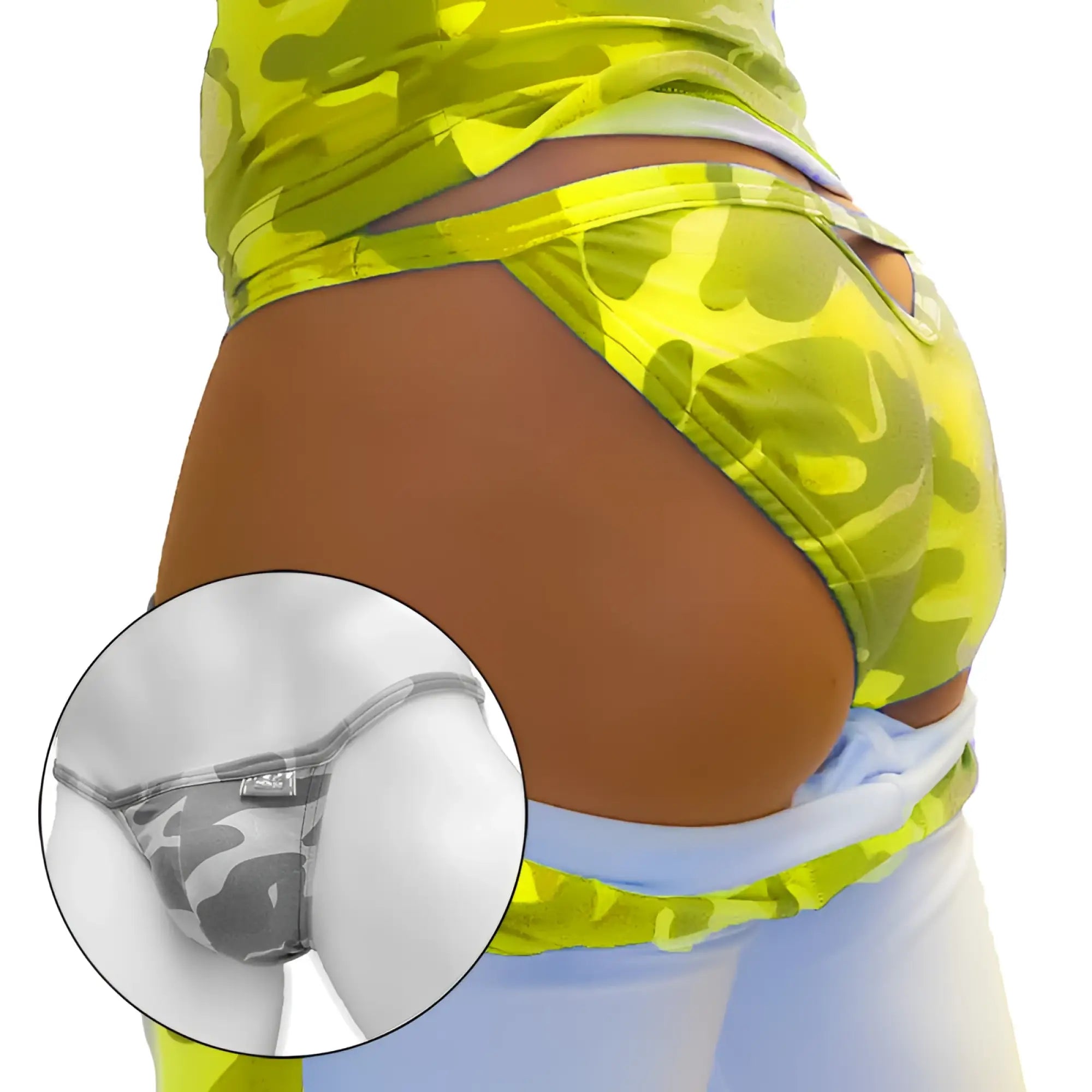 Icker Sea camouflage back cut out micro slip tanga thong in lime green gray white stretchy fabric