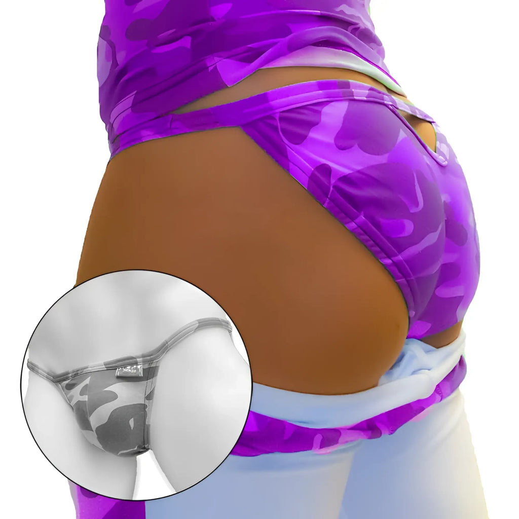 Purple camouflage-patterned thong underwear with snug form-fitting design showing back side cut out detail