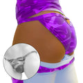 Purple camouflage-patterned thong underwear with snug form-fitting design showing back side cut out detail