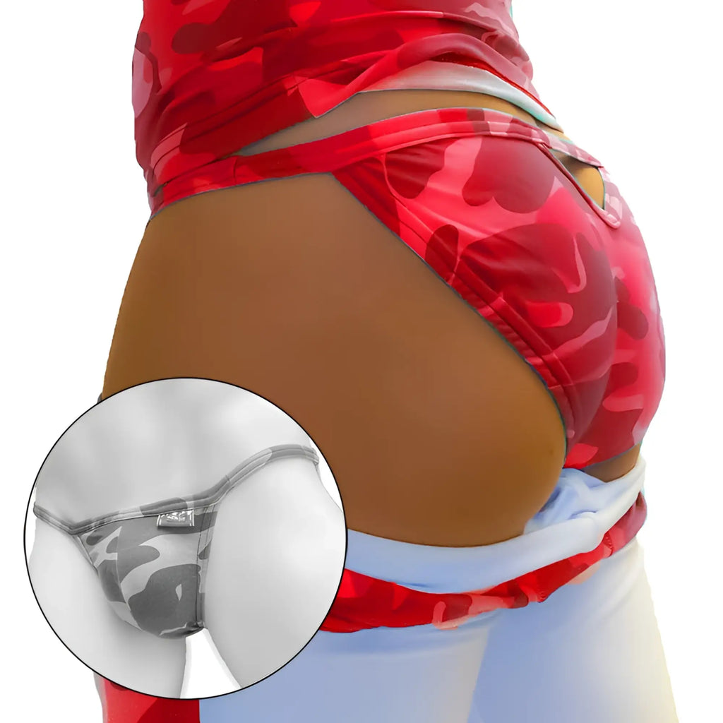 Red camouflage back cut out micro slip tanga bikini underwear in shiny stretchy fabric with silver logo on waistband