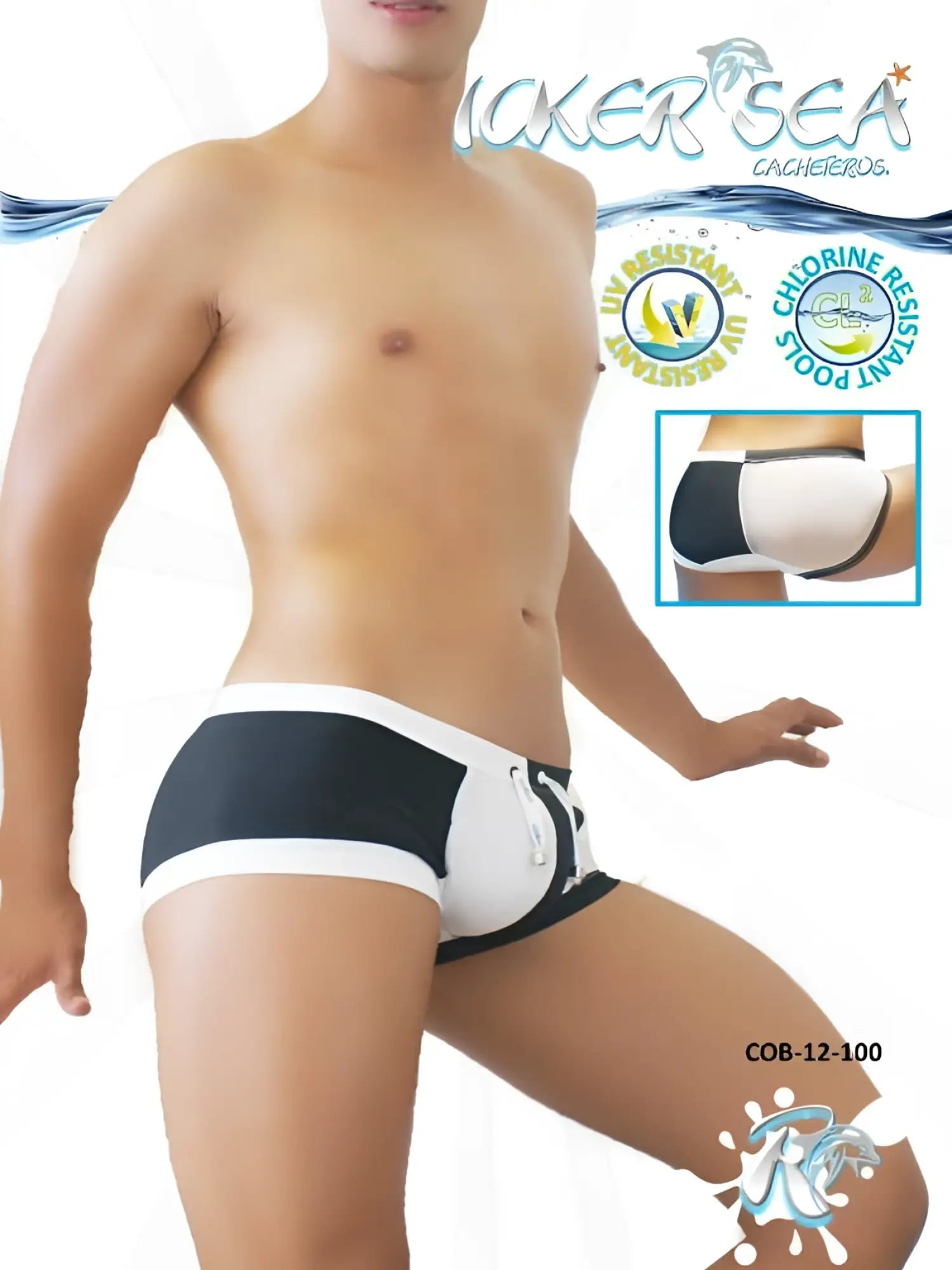Black and white icker sea chess duotone square cut trunk swimwear with drawstring waistband for swimming