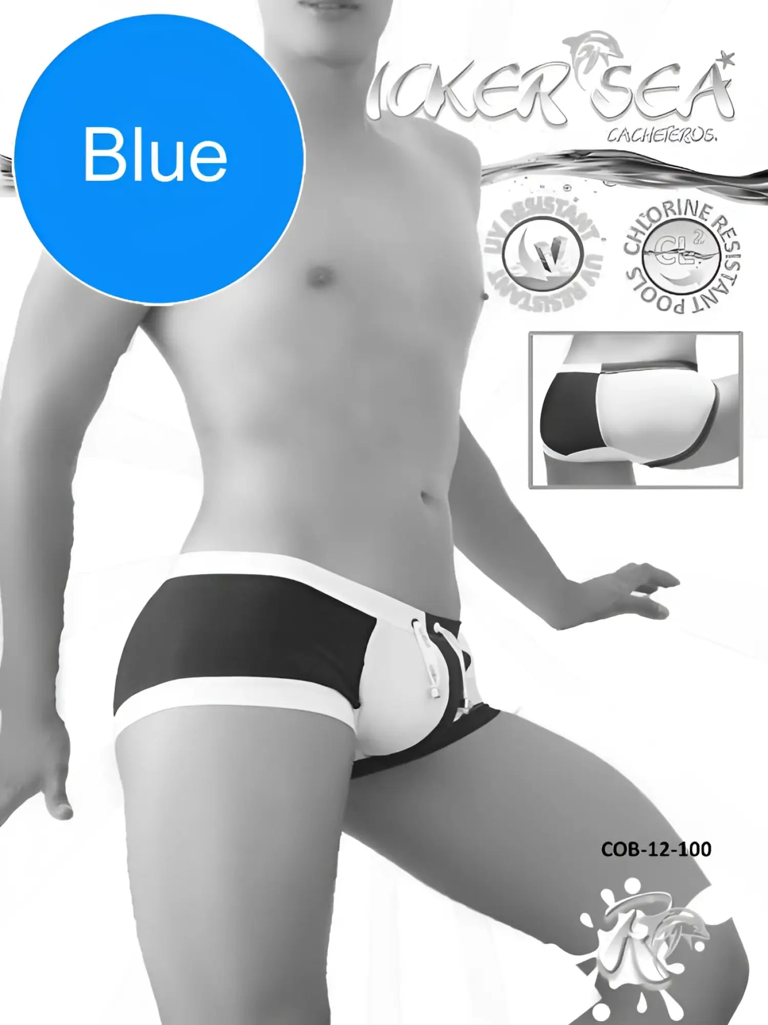 Icker Sea Chess duotone square cut swim trunks in blue white with black side panels and a drawstring waistband