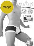 Black and white swim trunks with contrasting stripe design and mango brand logo chess duotone square cut trunk swimwear