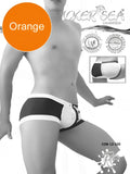 Icker Sea Chess Duotone black and white striped swim trunks with orange accent label for swimwear use