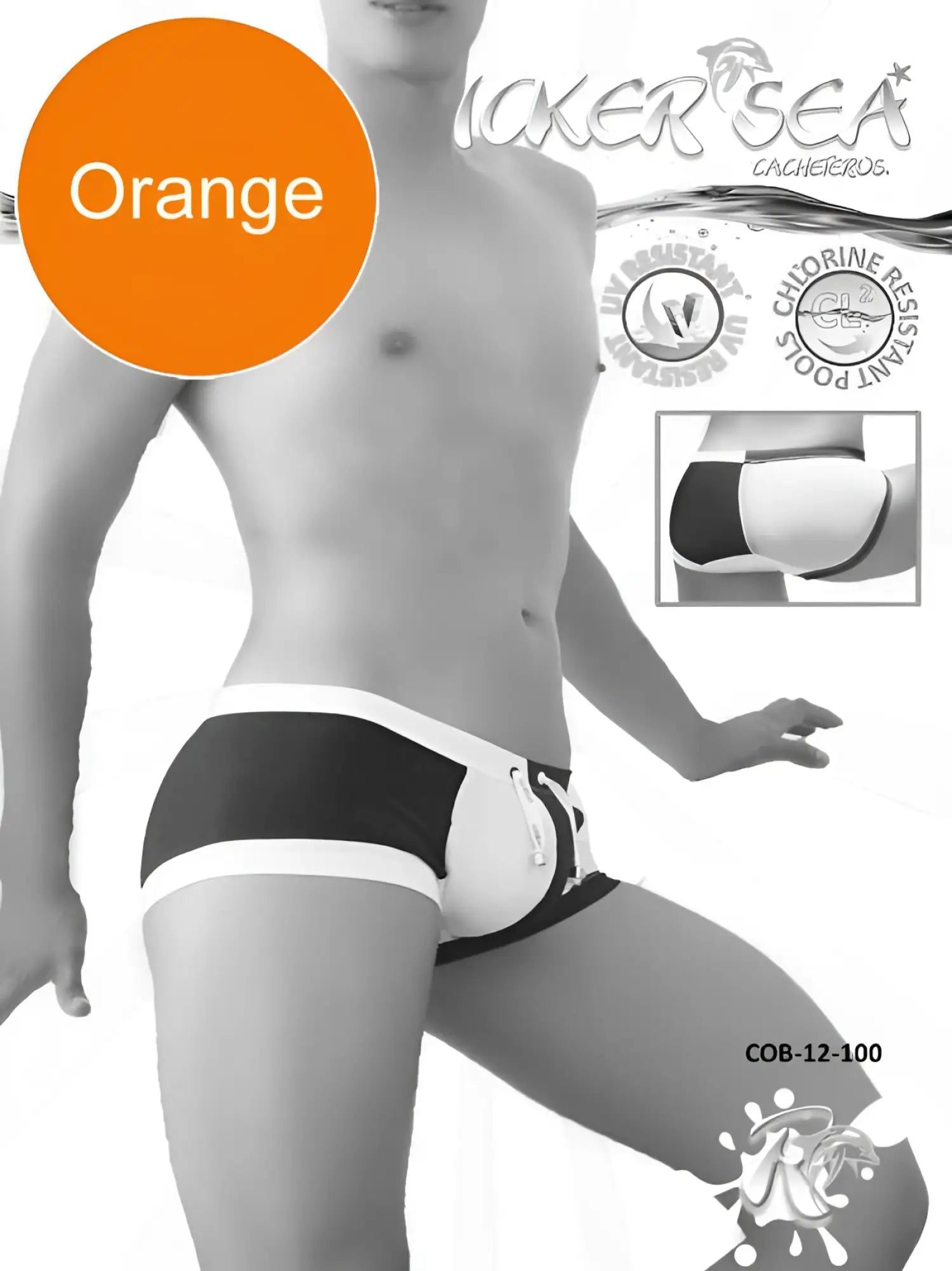 Icker Sea Chess Duotone black and white striped swim trunks with orange accent label for swimwear use