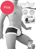 Black and white swim trunks with pink accent label from icker sea chess duotone square cut trunk swimwear cob-12-100