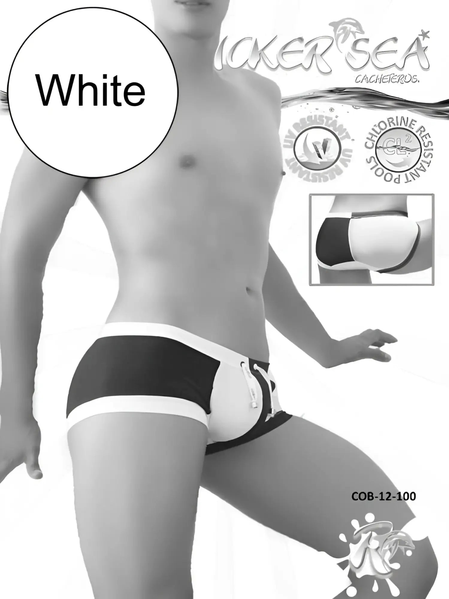 Icker sea chess duotone square cut swim trunks in white and black with a drawstring waistband for swimming