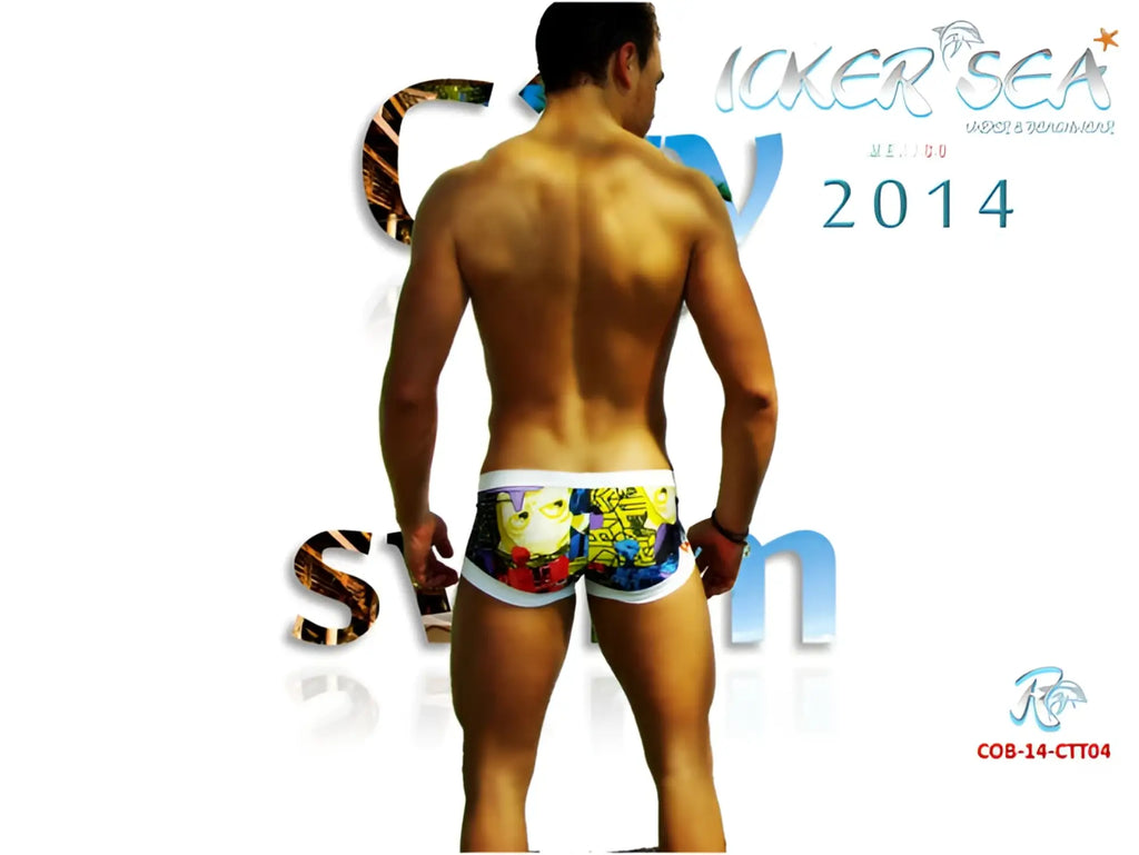 Icolor sea city low square cut trunk swimwear with colorful comic-book-style design and white waistband