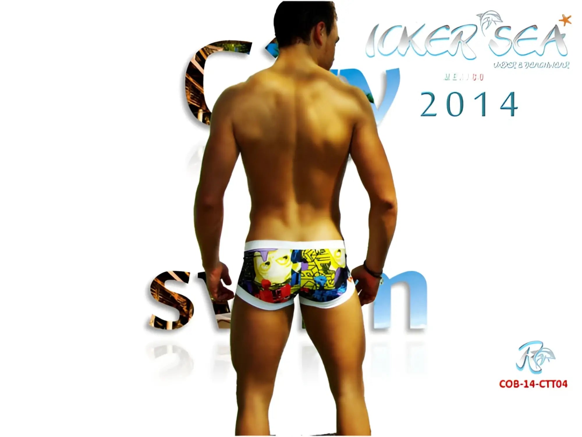 Icolor sea city low square cut trunk swimwear with colorful comic-book-style design and white waistband