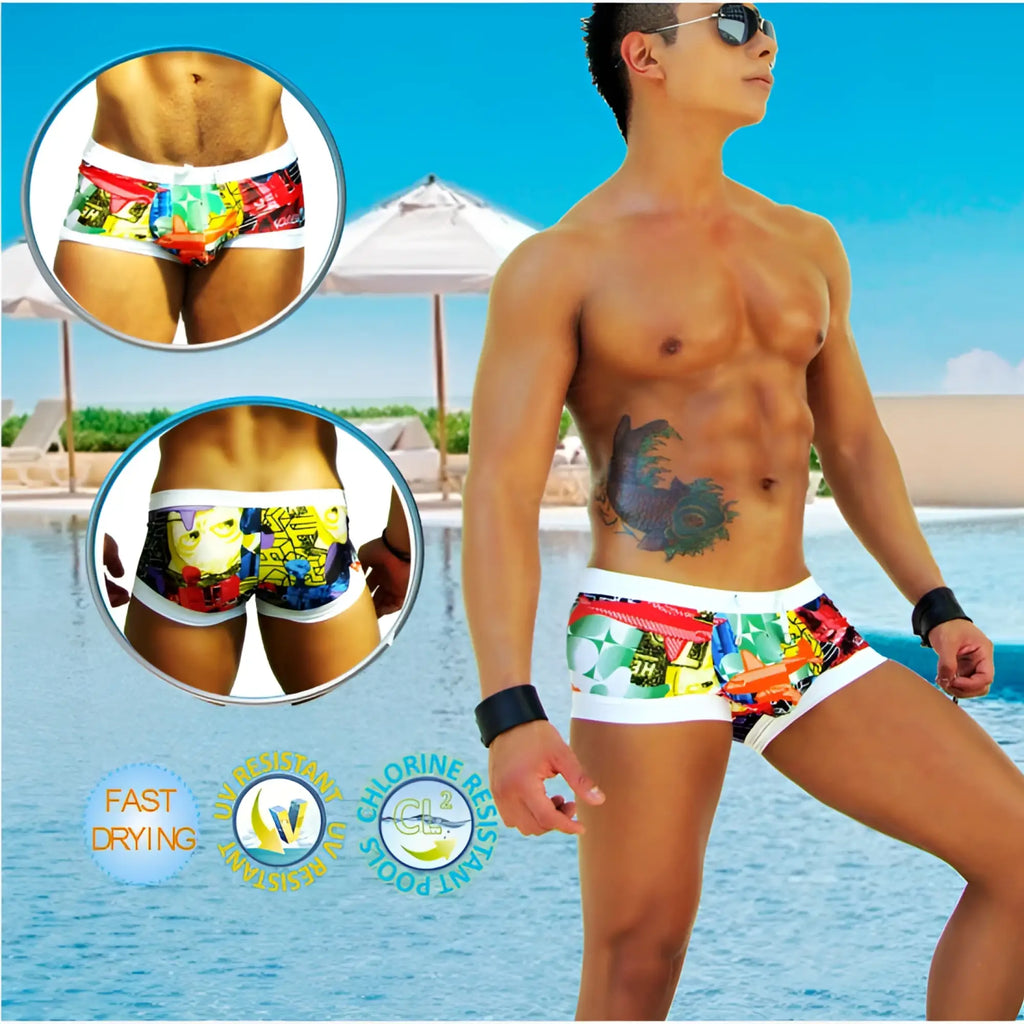 Icker Sea City Low Square Cut Trunk swimwear features vibrant comic-book-themed swim trunks with a white waistband