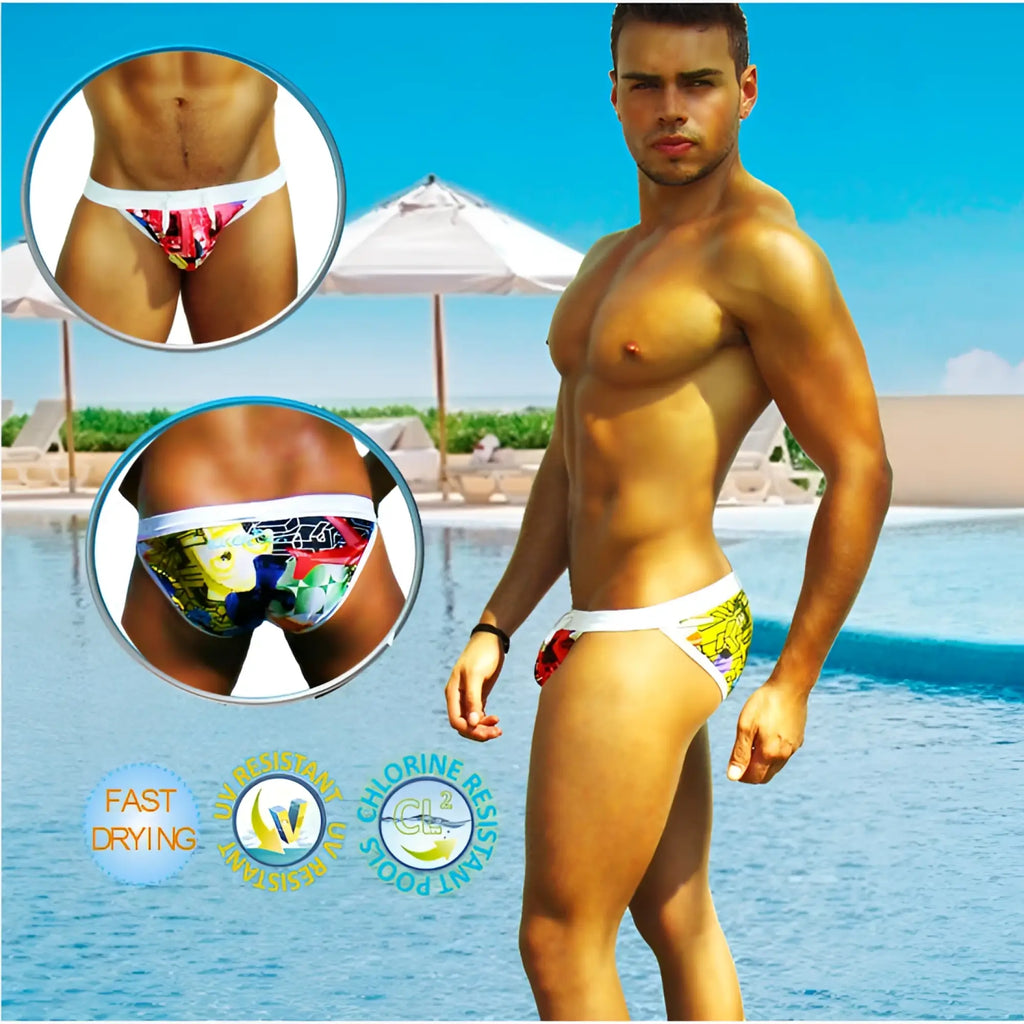 White swim trunks with vibrant graffiti-style graphics and a snug fit from icker sea city microslip bikini swimwear