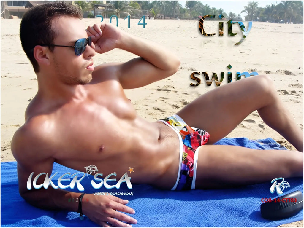 Colorful patterned swim trunks with white trim from icker sea city mini bikini swimwear cob-14-ctt03