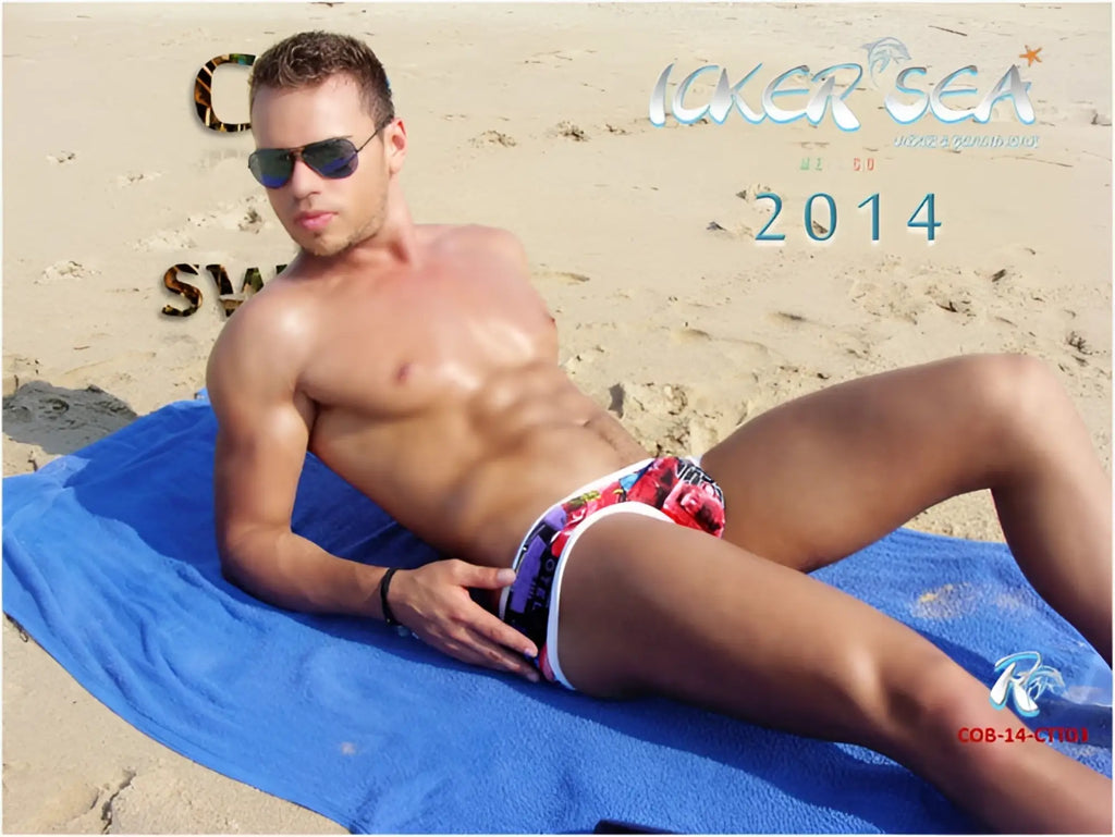 Colorful patterned swim trunks with white trim from icker sea city mini bikini swimwear cob-14-ctt03 collection