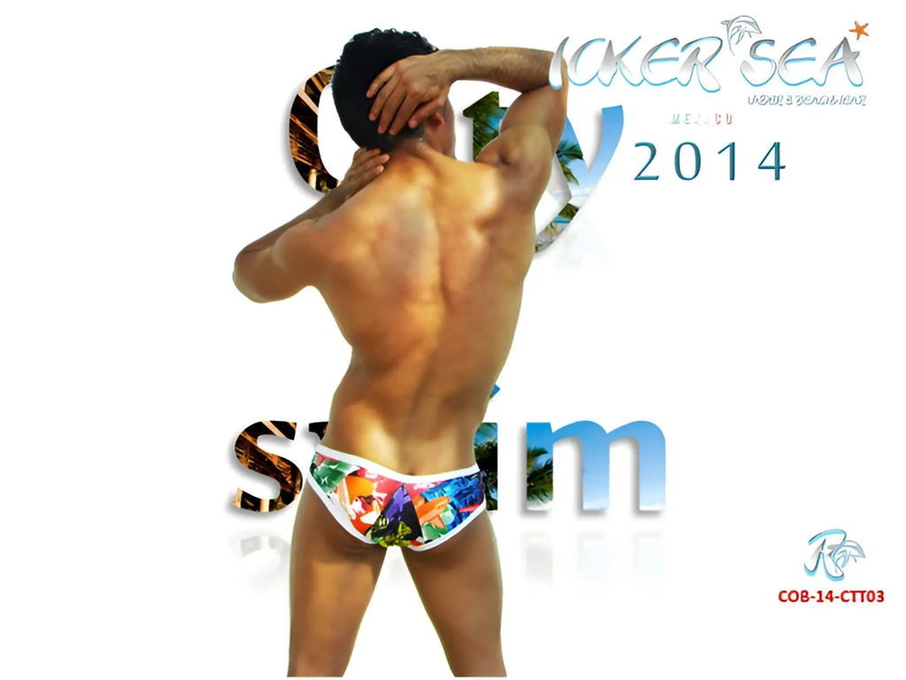 Icolorful tropical print swim trunks with white trim from icker sea city mini bikini swimwear cob-14-ctt03