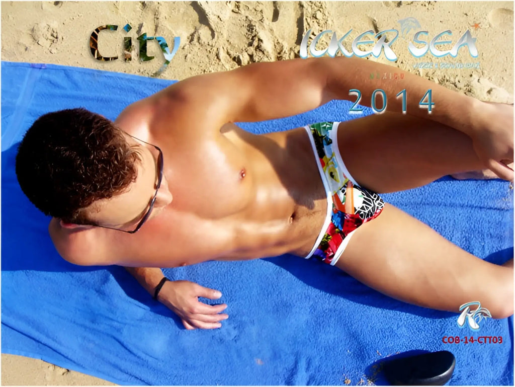 Men’s colorful patterned swim trunks with white trim from icker sea city mini bikini swimwear cob-14-ctt03 collection