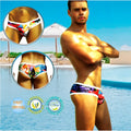 Vibrant tropical-patterned men’s swim trunks with white elastic waistband from icker sea city mini bikini swimwear