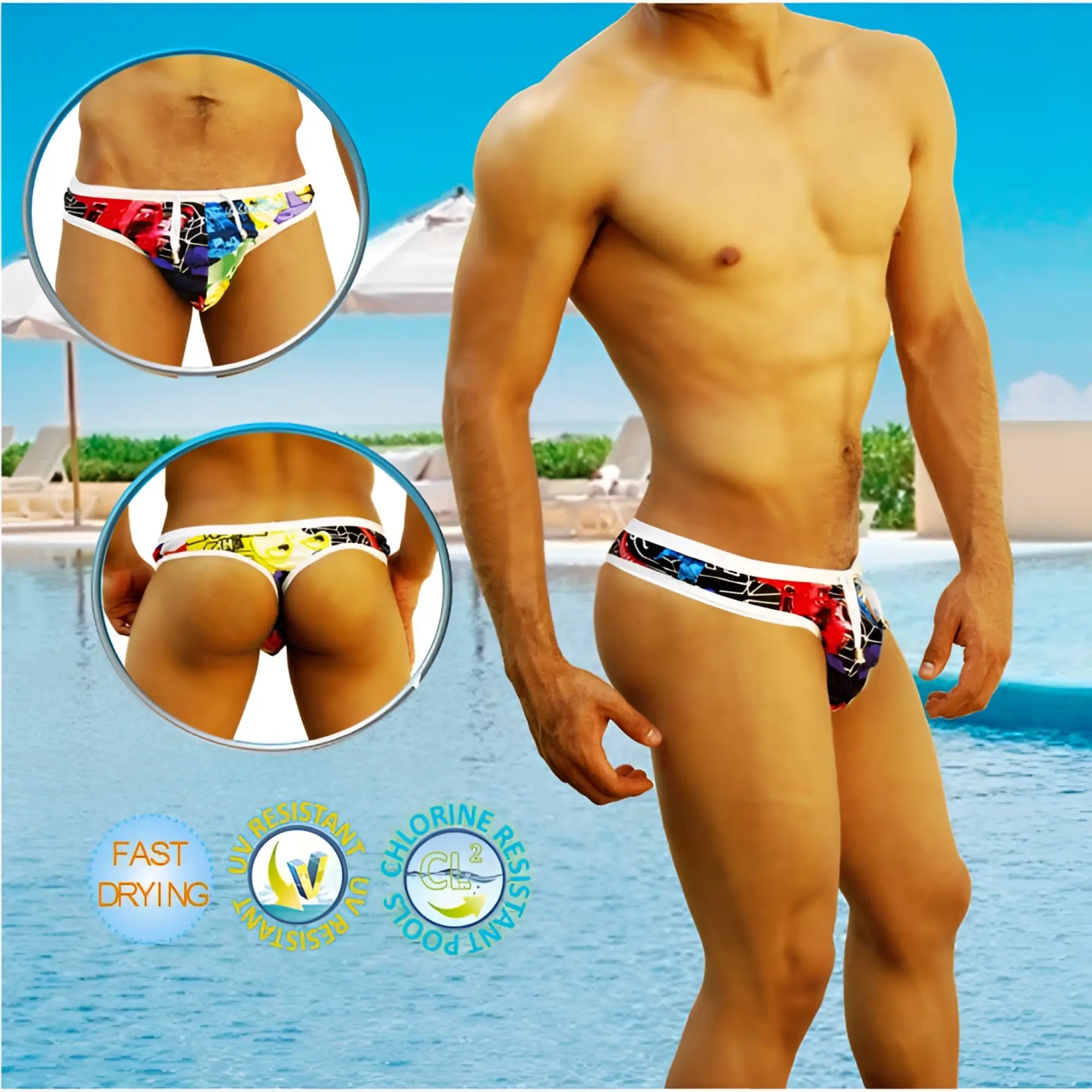 Icker Sea City tanga thong swimwear featuring vibrant multicolored swim trunks with bold graphic design and white trim