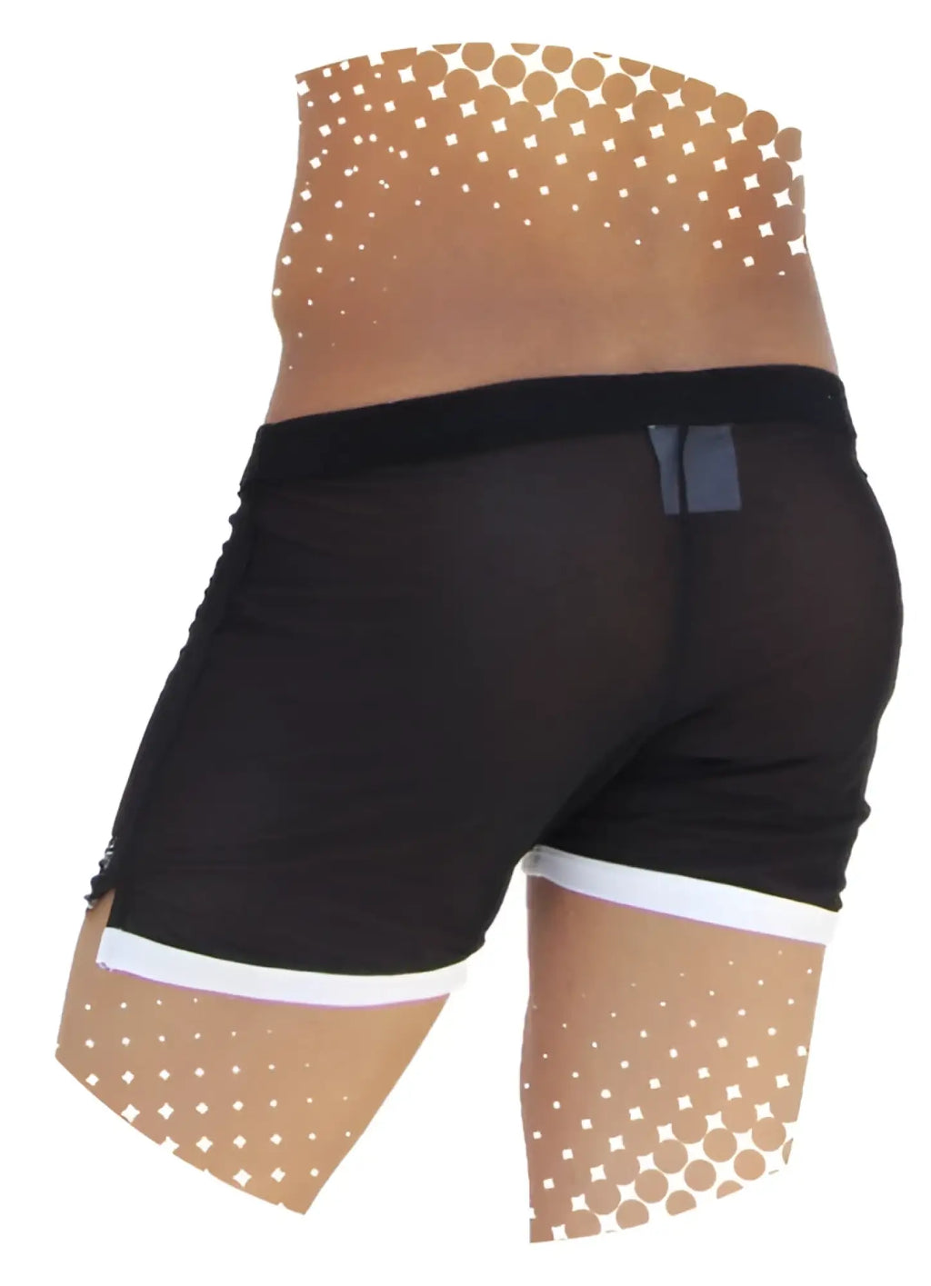 Icker Sea Clarity black mesh shorts with white contrast trim and dotted pattern on legs SHR-14-CLB-01