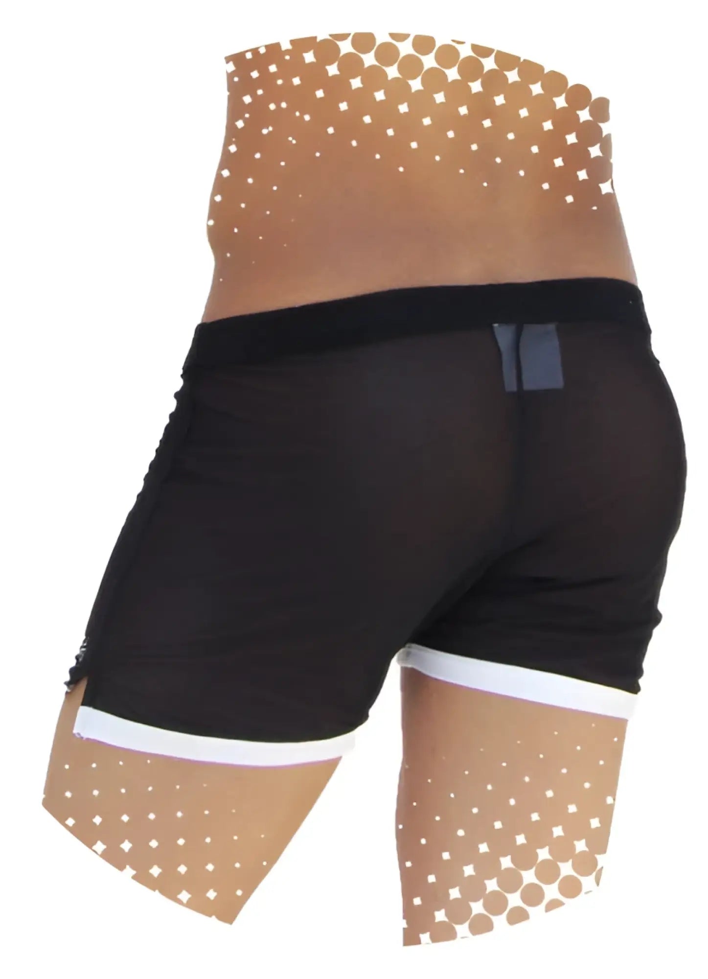 Icker Sea Clarity black mesh shorts with white contrast trim and dotted pattern on legs SHR-14-CLB-01