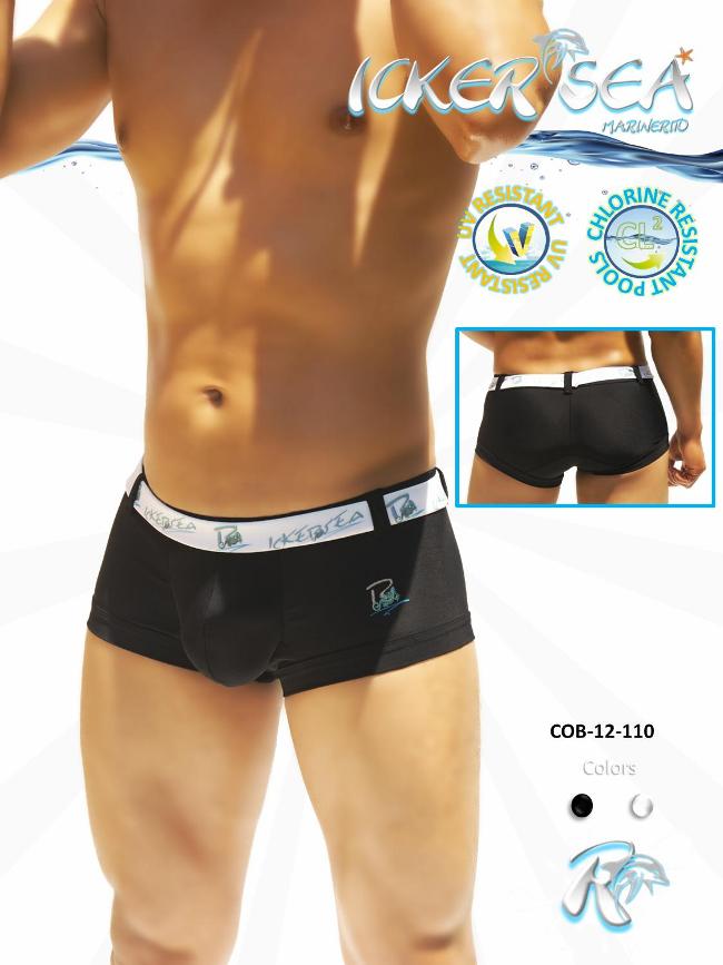 Icker Sea Sailor Belted Logo Square Cut Trunk Swimwear Black/White COB-12-110