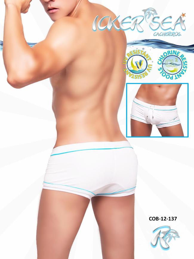 Icker Sea Tory Contrast Line Square Cut Trunk Swimwear White COB-12-137