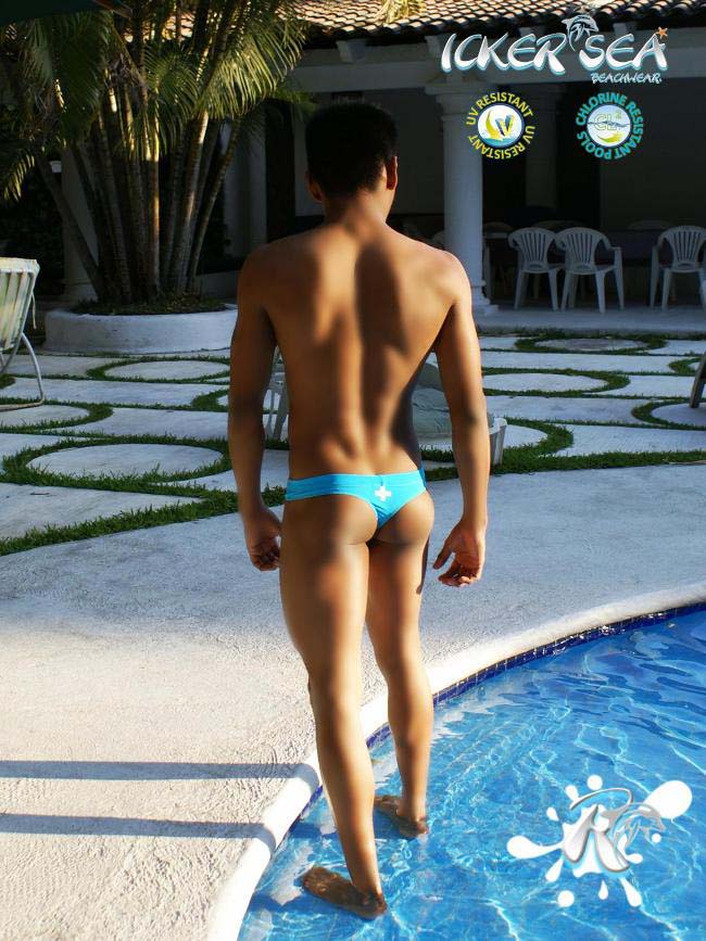 Icker Sea Lifeguard Stitching Tanga Thong Swimwear Blue COB-13-04