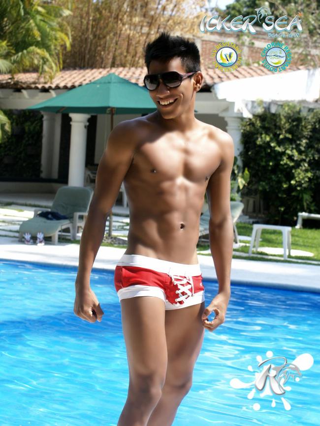 Icker Sea Legs Shoe Lace Pouch Square Cut Trunk Swimwear Red COB-13-45