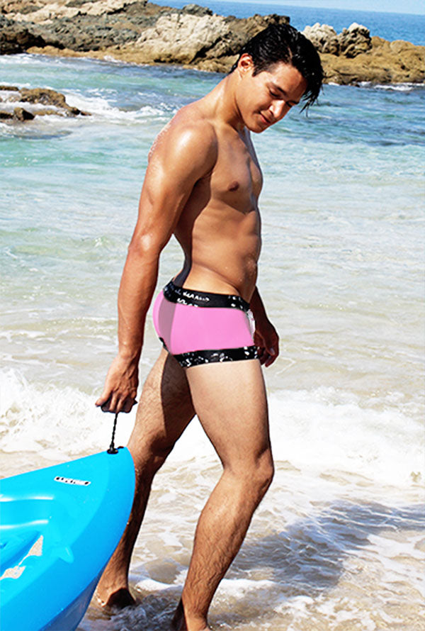 Icker Sea Lace Up Contrast Square Cut Trunk Swimwear Pink/Black COB-15-17