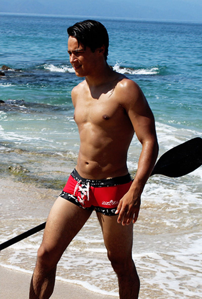 Icker Sea Lace Up Contrast Square Cut Trunk Swimwear Red/Black COB-15-17