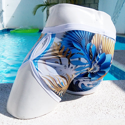 Icker Sea Greek Floral Open Side Suspender Scalloped Shorts Swimwear COB-19-01